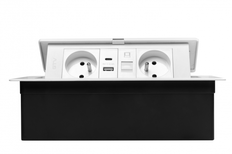 MULTISOFT Prise de meuble 2x Prise avec terre, USB A+C, RJ45, Câble d'alimentation avec fiche, Blanc