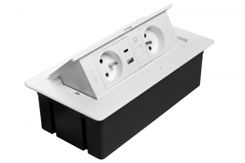 MULTISOFT Prise de meuble 2x Prise avec terre, USB A+C, RJ45, Câble d'alimentation avec fiche, Blanc