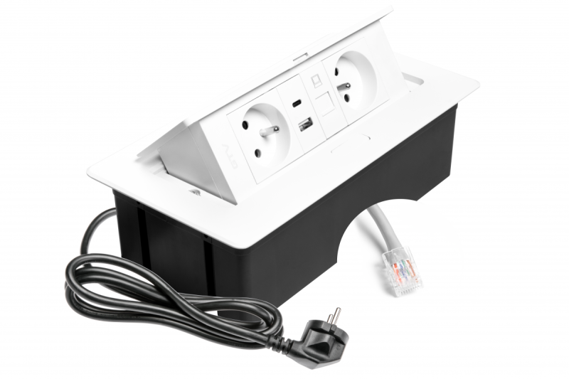 MULTISOFT Prise de meuble 2x Prise avec terre, USB A+C, RJ45, Câble d'alimentation avec fiche, Blanc