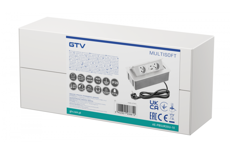 MULTISOFT Prise de meuble 2x Prise avec terre, USB A+C, RJ45, Câble d'alimentation avec fiche, Blanc