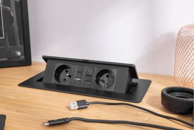 MULTISOFT Prise de Meuble 2x Prise avec Terre, USB A+C, RJ45, Câble d'Alimentation avec Prise, Noir