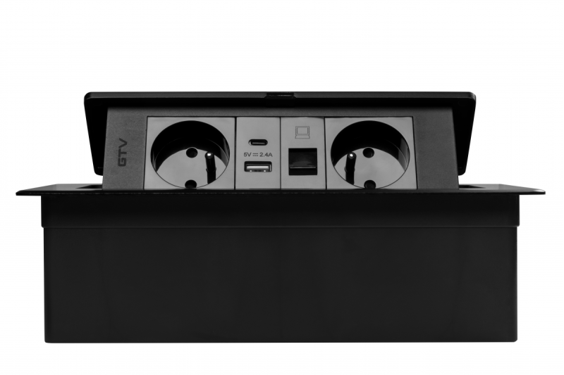 MULTISOFT Prise de Meuble 2x Prise avec Terre, USB A+C, RJ45, Câble d'Alimentation avec Prise, Noir