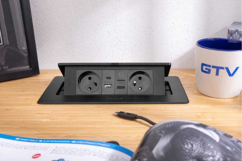 MULTISOFT Prise de Meuble 2x Prise avec Terre, USB A+C, RJ45, Câble d'Alimentation avec Prise, Noir