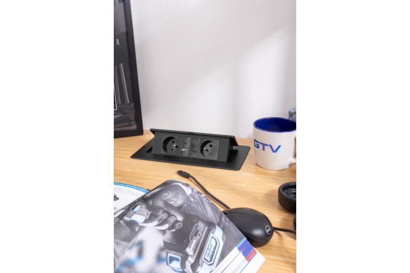 MULTISOFT Prise de Meuble 2x Prise avec Terre, USB A+C, RJ45, Câble d'Alimentation avec Prise, Noir