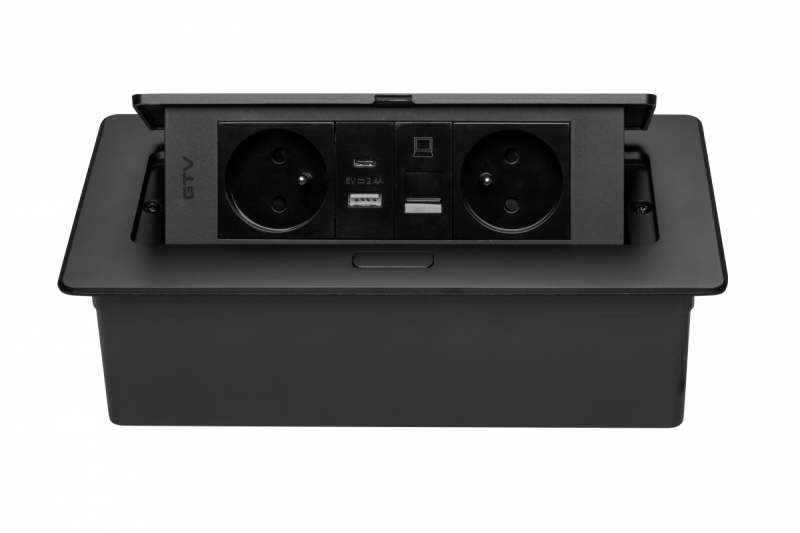 MULTISOFT Prise de Meuble 2x Prise avec Terre, USB A+C, RJ45, Câble d'Alimentation avec Prise, Noir