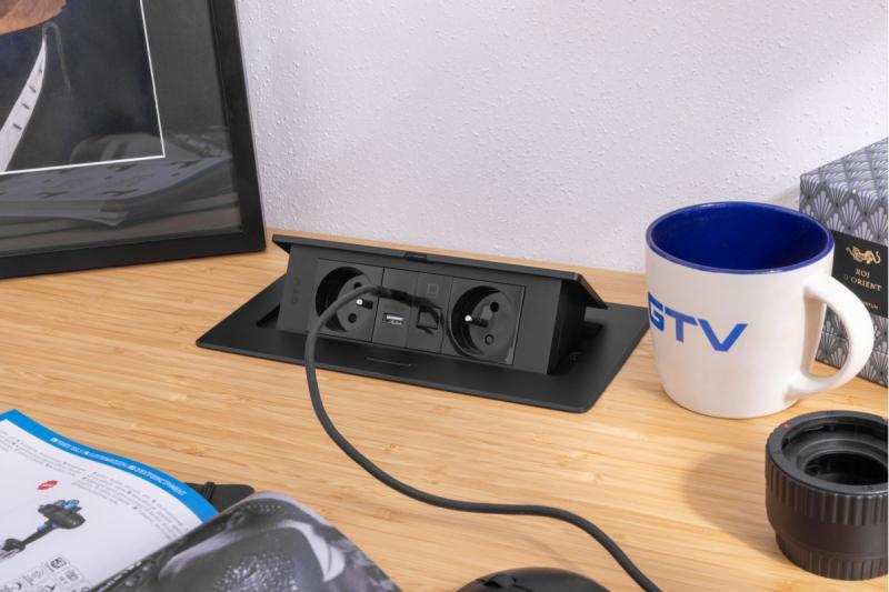 MULTISOFT Prise de Meuble 2x Prise avec Terre, USB A+C, RJ45, Câble d'Alimentation avec Prise, Noir