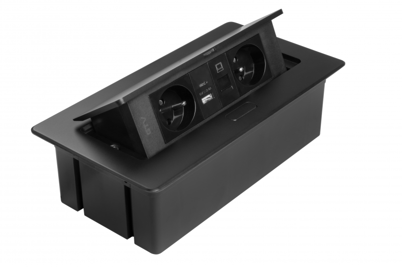 MULTISOFT Prise de Meuble 2x Prise avec Terre, USB A+C, RJ45, Câble d'Alimentation avec Prise, Noir