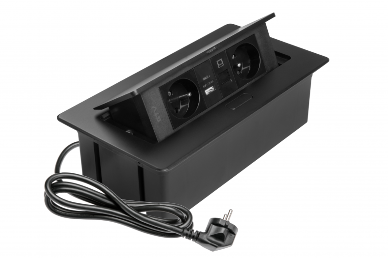 MULTISOFT Prise de Meuble 2x Prise avec Terre, USB A+C, RJ45, Câble d'Alimentation avec Prise, Noir