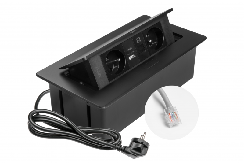 MULTISOFT Prise de Meuble 2x Prise avec Terre, USB A+C, RJ45, Câble d'Alimentation avec Prise, Noir