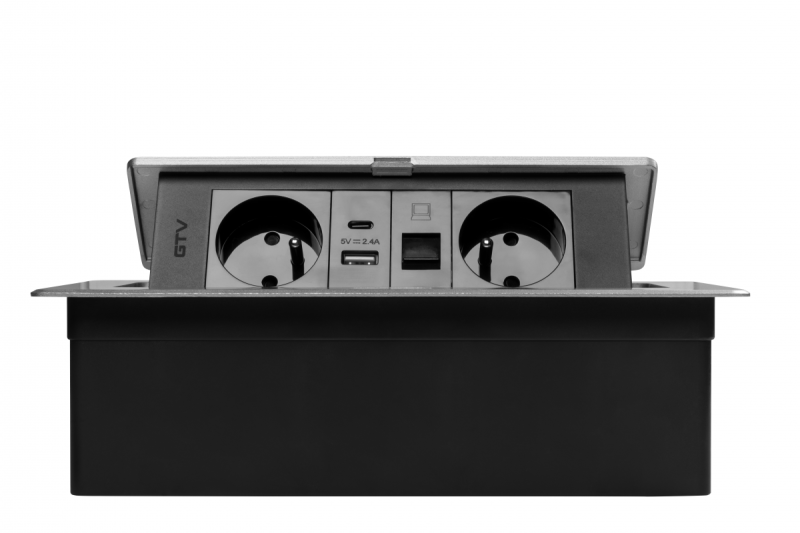 MULTISOFT Prise pour Meubles 2x Prise avec Terre, USB A+C, RJ45, Câble d'Alimentation avec Prise, Aluminium