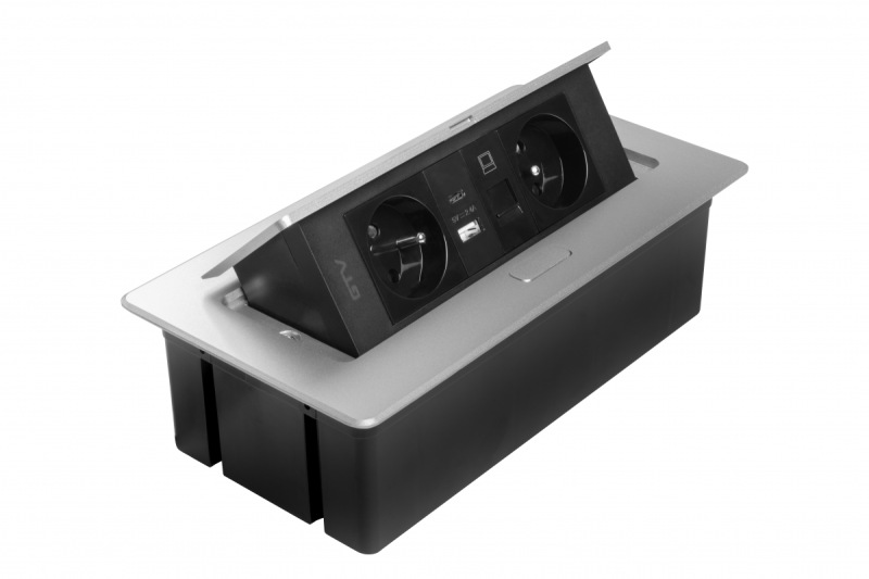 MULTISOFT Prise pour Meubles 2x Prise avec Terre, USB A+C, RJ45, Câble d'Alimentation avec Prise, Aluminium