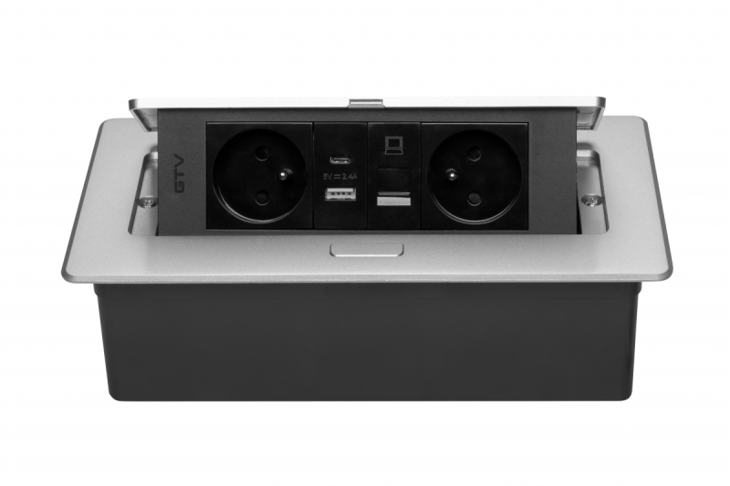 MULTISOFT Prise pour Meubles 2x Prise avec Terre, USB A+C, RJ45, Câble d'Alimentation avec Prise, Aluminium