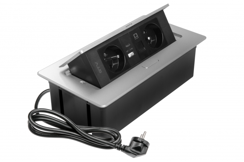 MULTISOFT Prise pour Meubles 2x Prise avec Terre, USB A+C, RJ45, Câble d'Alimentation avec Prise, Aluminium