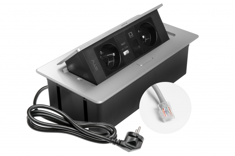 MULTISOFT Prise pour Meubles 2x Prise avec Terre, USB A+C, RJ45, Câble d'Alimentation avec Prise, Aluminium