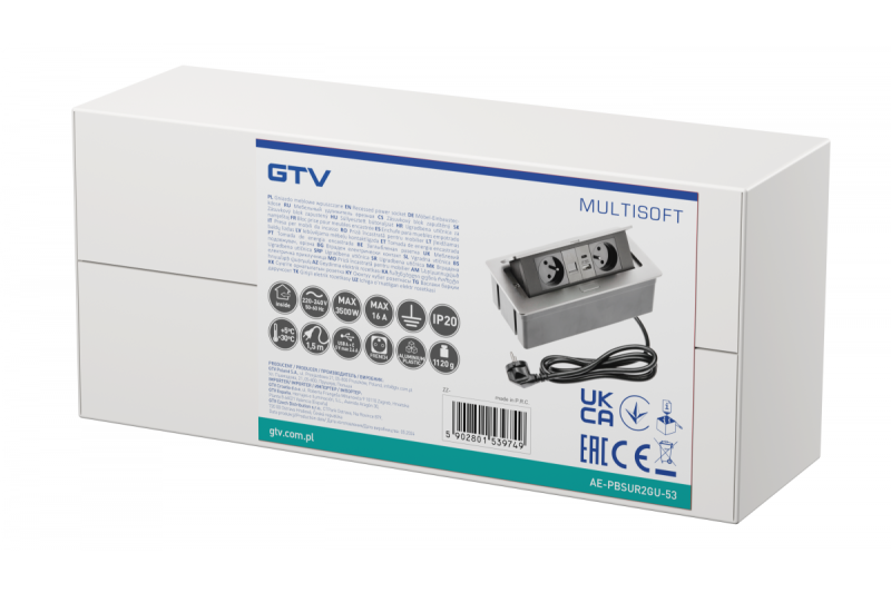 MULTISOFT Prise pour Meubles 2x Prise avec Terre, USB A+C, RJ45, Câble d'Alimentation avec Prise, Aluminium