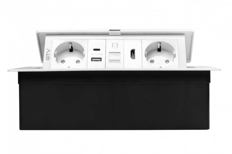 Prise de meuble MULTISOFT, 2xSHUKO, USB A+C, RJ45, HDMI, câble 1,5 m, blanc