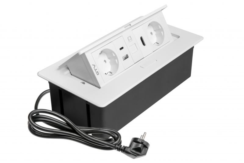 Prise de meuble MULTISOFT, 2xSHUKO, USB A+C, RJ45, HDMI, câble 1,5 m, blanc