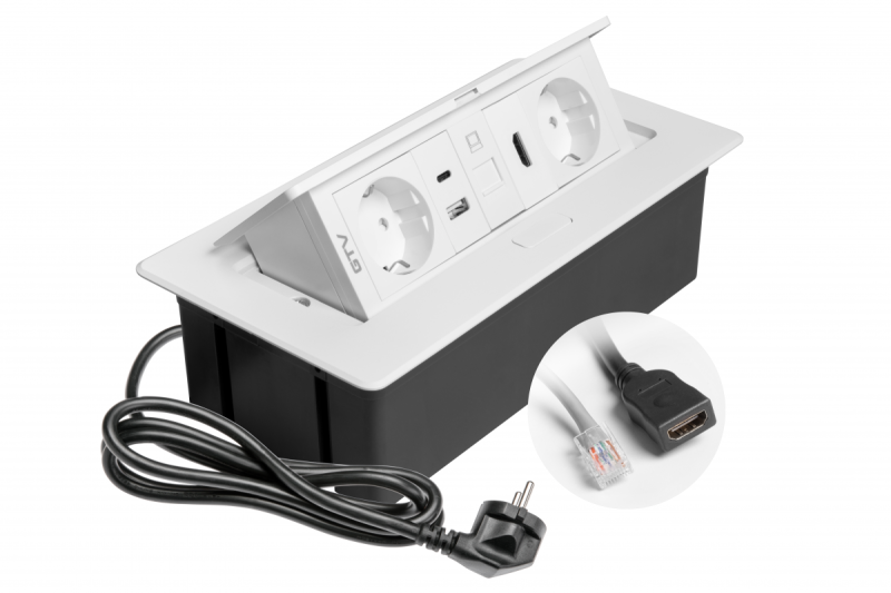 Prise de meuble MULTISOFT, 2xSHUKO, USB A+C, RJ45, HDMI, câble 1,5 m, blanc