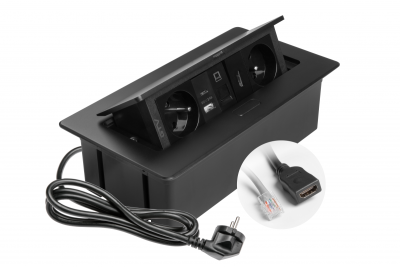 Prise de meuble MULTISOFT, 2xSHUKO, USB A+C, RJ45, câble HDMI 1,5 m, noir
