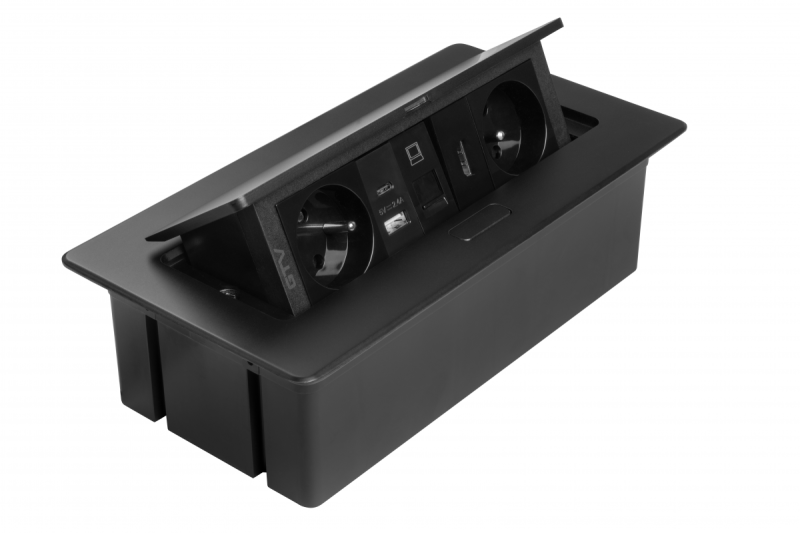 Prise de meuble MULTISOFT, 2xSHUKO, USB A+C, RJ45, câble HDMI 1,5 m, noir