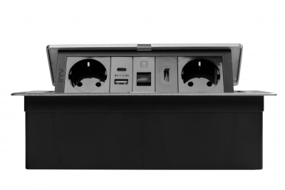Prise de meuble MULTISOFT, 2xSHUKO, USB A+C, RJ45, câble HDMI 1,5 m, aluminium