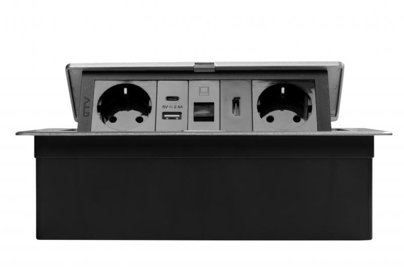 Prise de meuble MULTISOFT, 2xSHUKO, USB A+C, RJ45, câble HDMI 1,5 m, aluminium