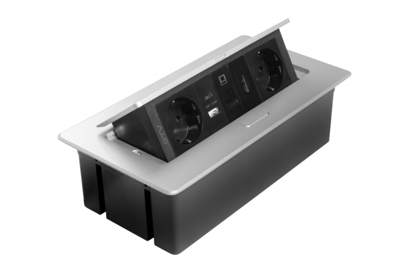 Prise de meuble MULTISOFT, 2xSHUKO, USB A+C, RJ45, câble HDMI 1,5 m, aluminium