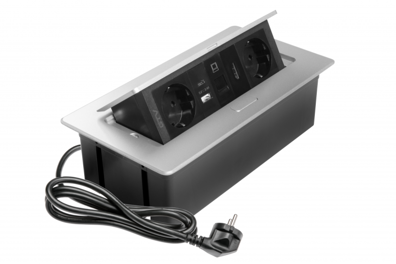 Prise de meuble MULTISOFT, 2xSHUKO, USB A+C, RJ45, câble HDMI 1,5 m, aluminium