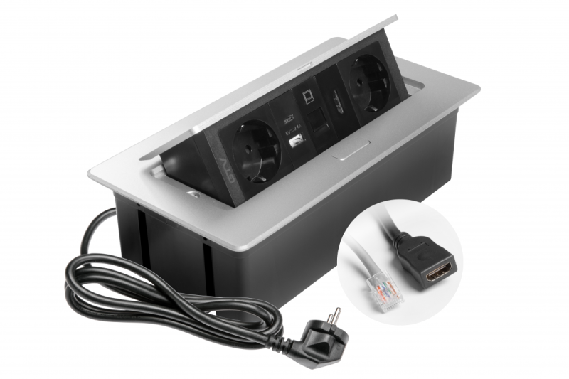 Prise de meuble MULTISOFT, 2xSHUKO, USB A+C, RJ45, câble HDMI 1,5 m, aluminium