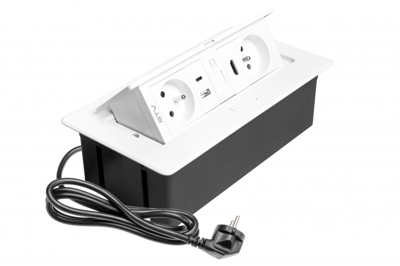 MULTISOFT prise de mobilier 2x Prise avec terre, USB A+C, RJ45, HDMI, Câble d'alimentation avec fiche, Blanc