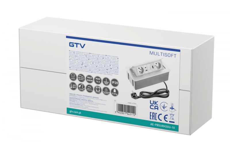 MULTISOFT prise de mobilier 2x Prise avec terre, USB A+C, RJ45, HDMI, Câble d'alimentation avec fiche, Blanc