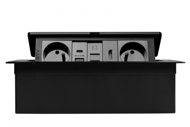 Prise de mobilier MULTISOFT 2x Prise avec mise à la terre, USB A+C, RJ45, HDMI, Câble d'alimentation avec fiche, Noir