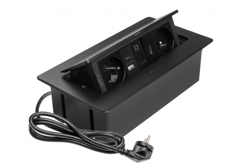 Prise de mobilier MULTISOFT 2x Prise avec mise à la terre, USB A+C, RJ45, HDMI, Câble d'alimentation avec fiche, Noir