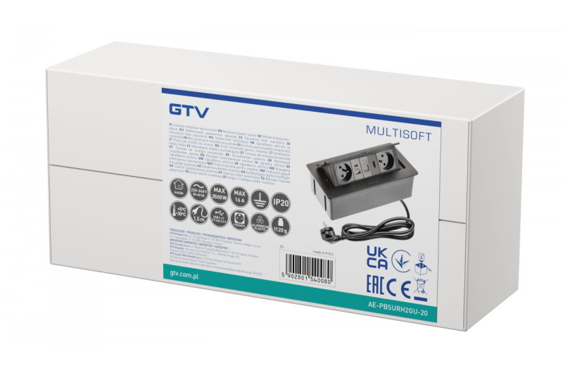 Prise de mobilier MULTISOFT 2x Prise avec mise à la terre, USB A+C, RJ45, HDMI, Câble d'alimentation avec fiche, Noir