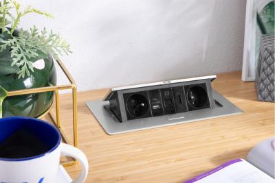Prise de meuble MULTISOFT 2x Prise avec Terre, USB A+C, RJ45, HDMI, Câble d'alimentation avec prise, Aluminium