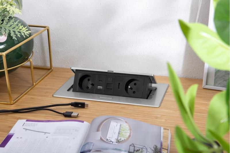 Prise de meuble MULTISOFT 2x Prise avec Terre, USB A+C, RJ45, HDMI, Câble d'alimentation avec prise, Aluminium