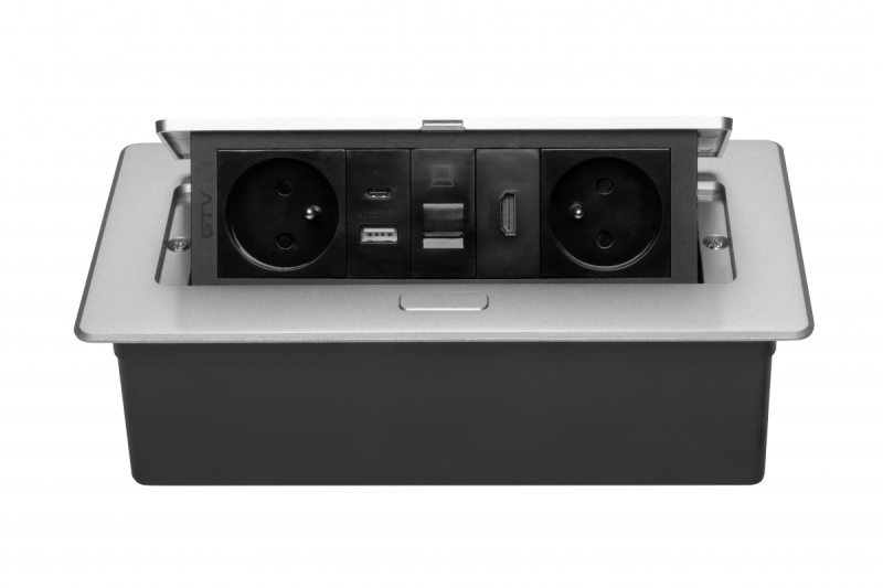 Prise de meuble MULTISOFT 2x Prise avec Terre, USB A+C, RJ45, HDMI, Câble d'alimentation avec prise, Aluminium