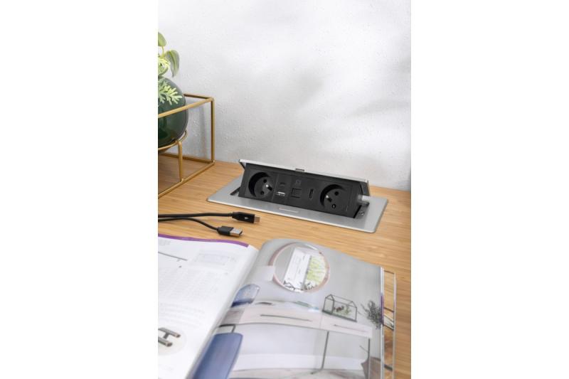 Prise de meuble MULTISOFT 2x Prise avec Terre, USB A+C, RJ45, HDMI, Câble d'alimentation avec prise, Aluminium
