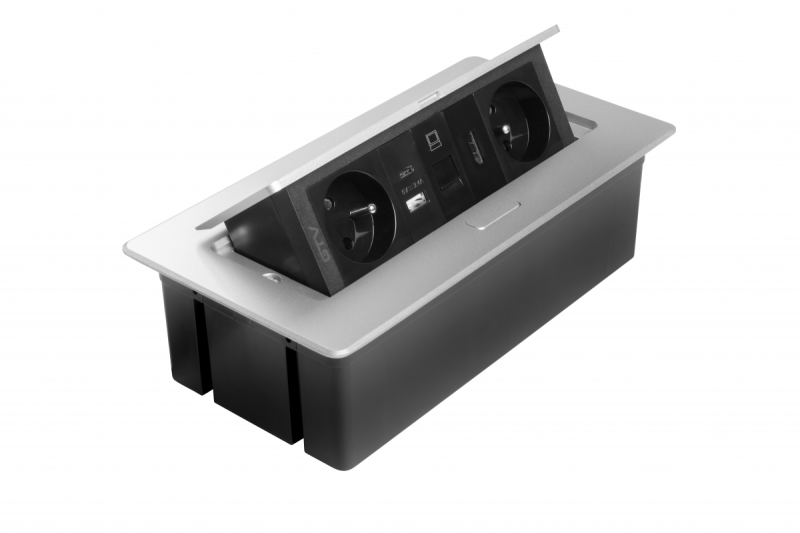 Prise de meuble MULTISOFT 2x Prise avec Terre, USB A+C, RJ45, HDMI, Câble d'alimentation avec prise, Aluminium