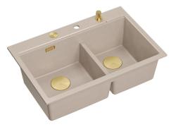 Quadri Hard Rock Double Évier de Montage Beige Granit 76x50 cm avec Bouchon Doré et Accessoires 1208971663