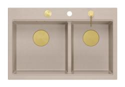 Quadri Hard Rock Double Évier de Montage Beige Granit 76x50 cm avec Bouchon Doré et Accessoires 1208971663