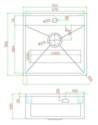 Pure.Sink Luxion Évier en cuivre 51 x 50 cm Tapwing avec banc à trou pour robinet PLX5150T-62
