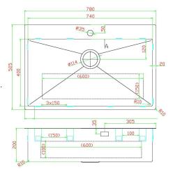 Pure.Sink Luxion Grand évier doré 78 x 50 cm Robinetterie avec banc à trou pour robinet PLX7850T-60