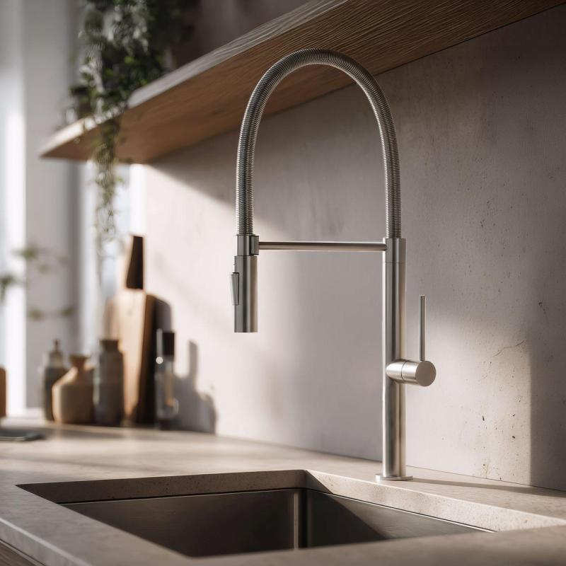 Pure.Sink Luxion Robinet de cuisine massif en acier inoxydable avec bec flexible et 2 types de jet PLXFLEX-02