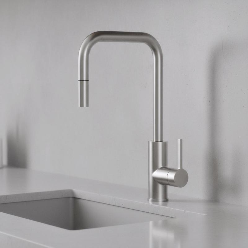 Pure.Sink Luxion Robinet de cuisine massif en acier inoxydable carré avec bec extractible PLXSQUA-02