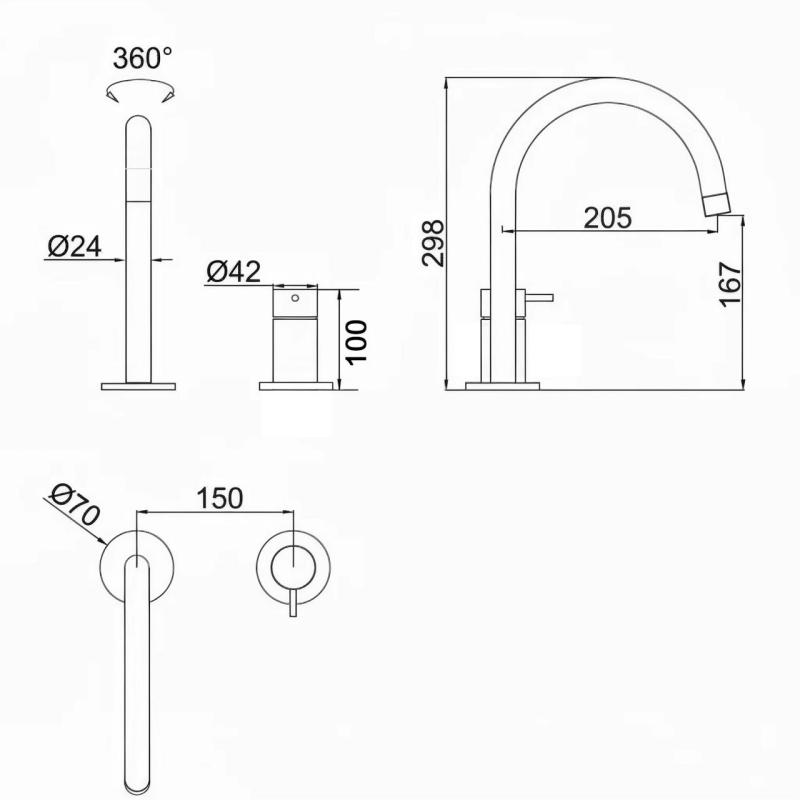 Pure.Sink Luxion Robinet de cuisine à 2 trous en bronze avec bec rond PLX2HR-61