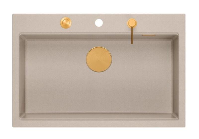 Quadri Hard Rock Beige granit montage grande évier 76x50cm incluant bouchon de cuivre et accessoires 1208971750