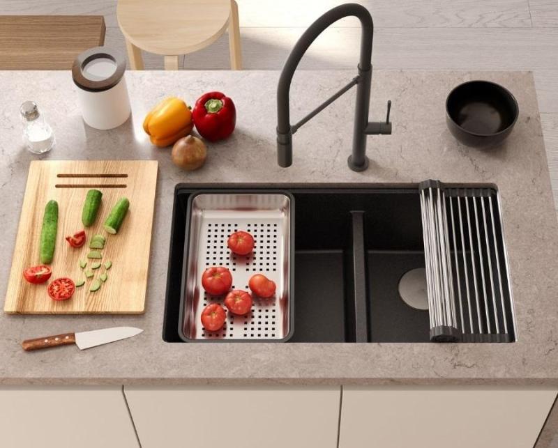 Quadri Newport II Double Beige Granit Évier de surface 76x45 cm avec Bouchon en cuivre 1208971752