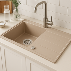 Évier à poser Quadri Luton en granit beige avec égouttoir réversible 86x50cm avec bouchon en acier inoxydable 1208971779