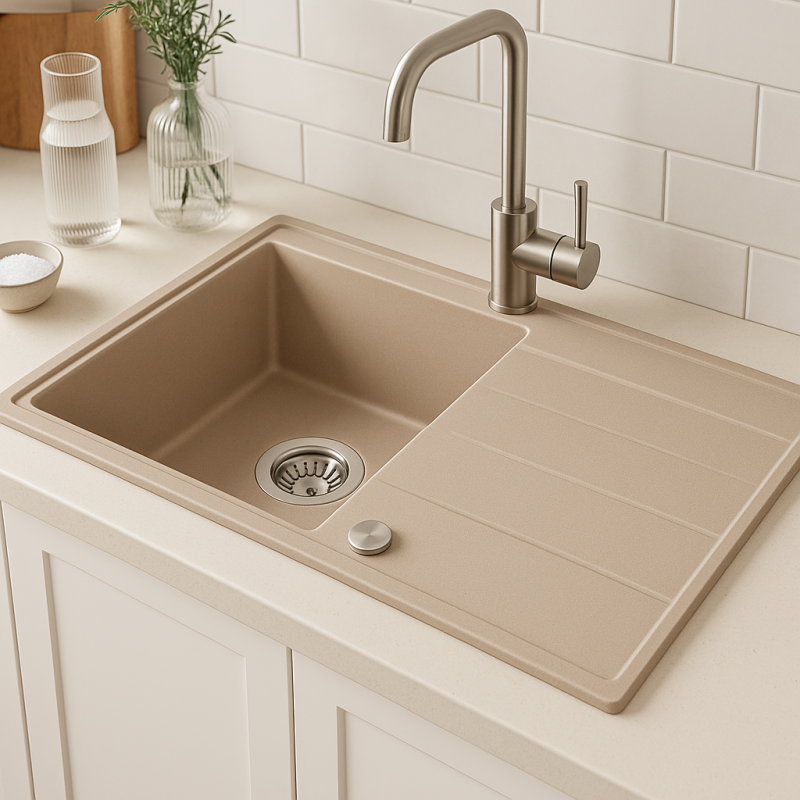 Évier en granit beige perle Quadri Luton avec surface d'égouttement réversible 86x50cm avec bouchon en acier inoxydable 1208971779